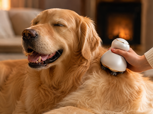 PawRelax pet massager being used on a golden retriever